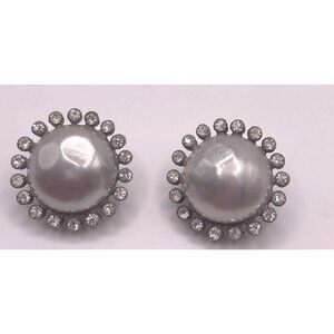 Vintage Nettie Rosenstein Faux Pearl Earrings With Rhinestone Halo